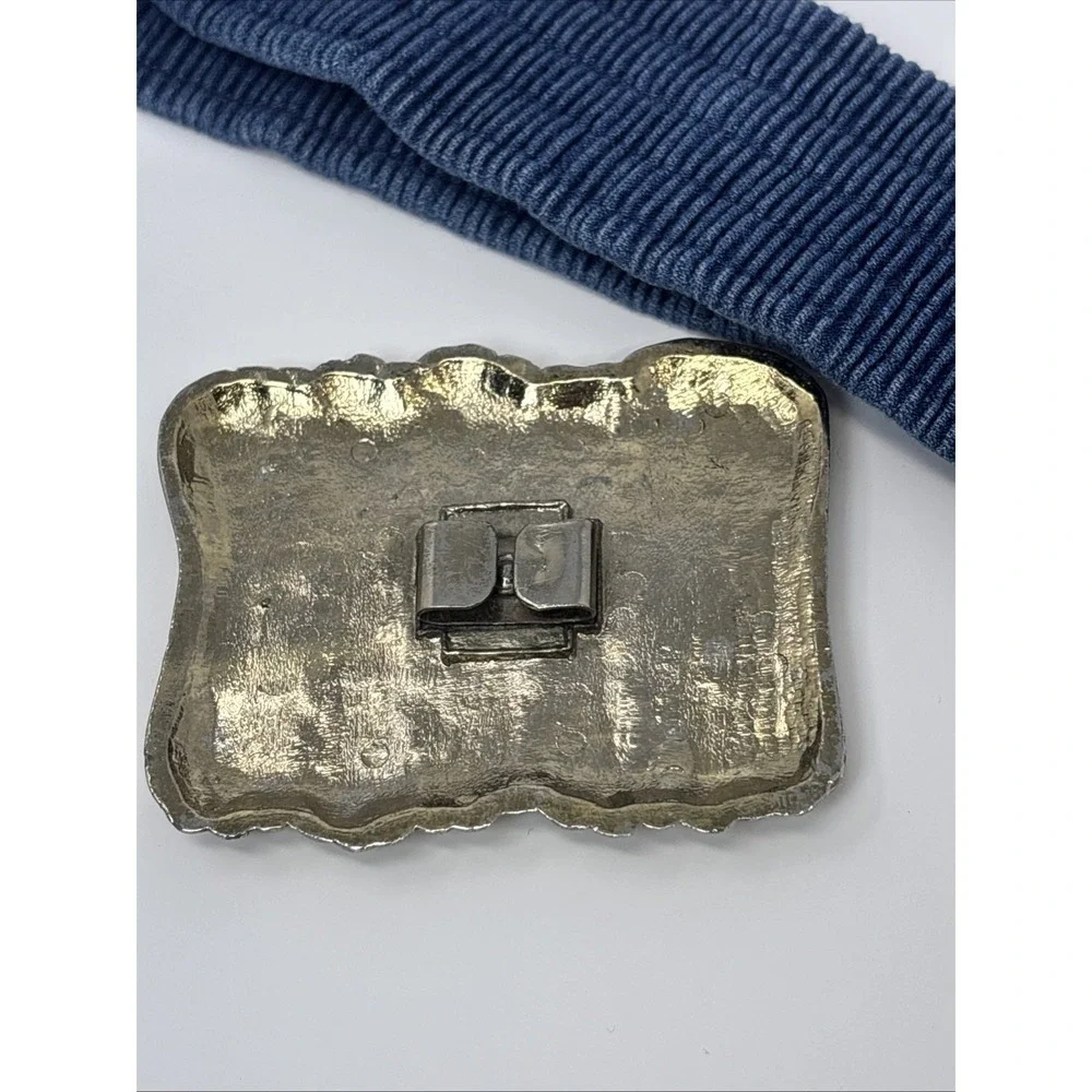 Vintage Navy Blue Elastic‎ Cinch Belt Gold Tone Textured Sculptural Buckle Retro